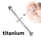 Implant Grade Titanium Silver Industrial Barbell with Clear Gems Cross. Industrial Piercing.